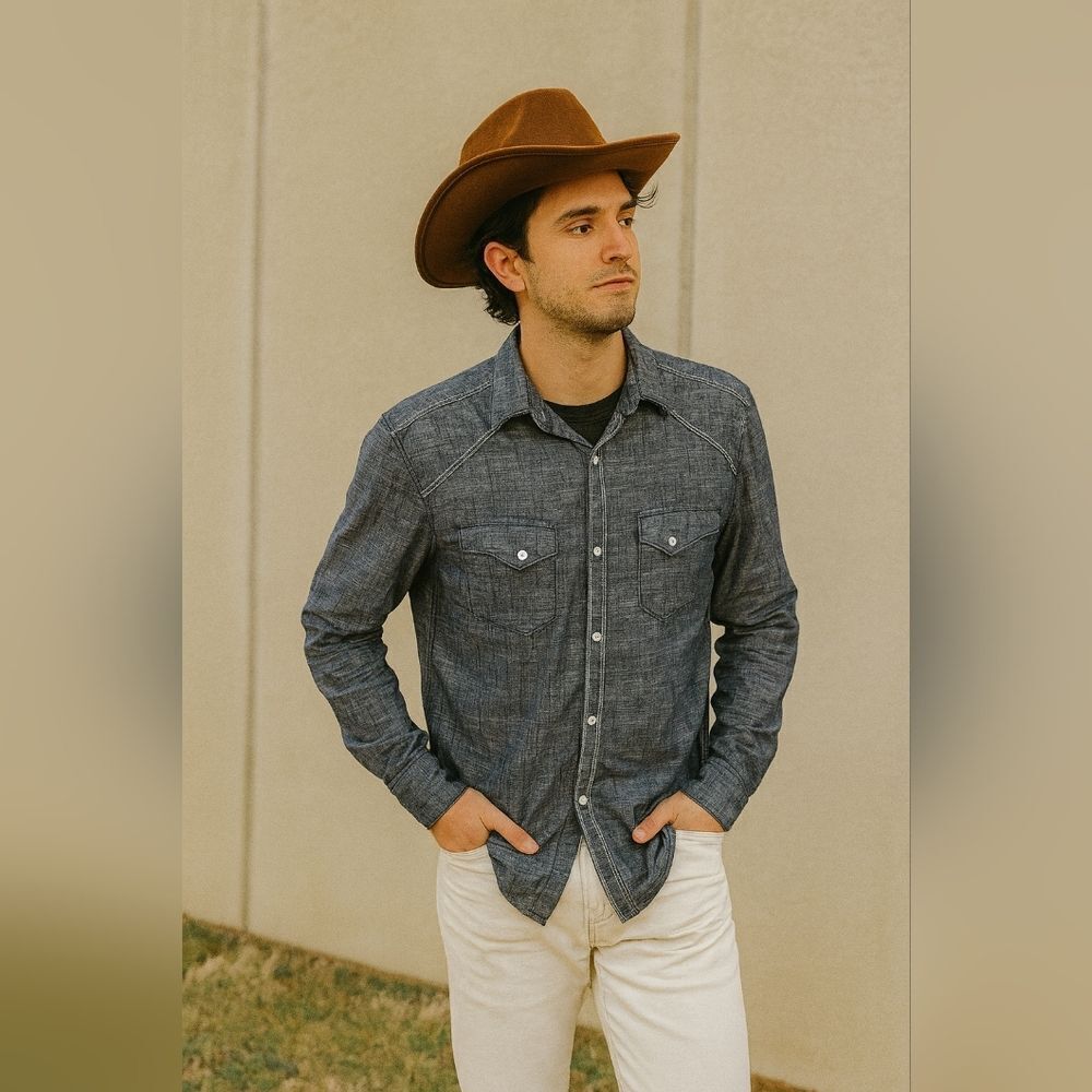INC Chambray Long Sleeve Shirt Western Stitch Vibes Men’s Size S Urban Cowboy
